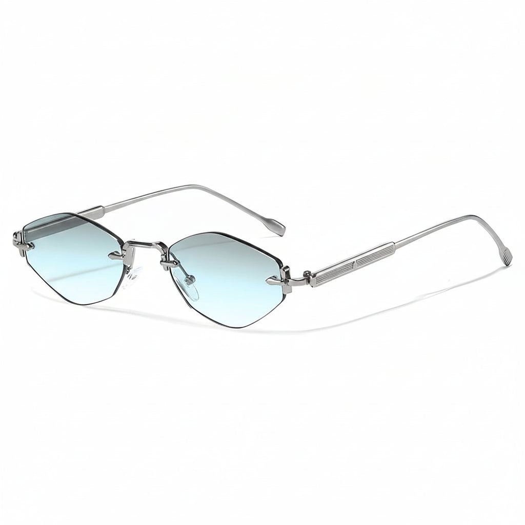 Sunglasses with blue gradient lenses and thin metal frames on a white background, featuring the Caterside brand.