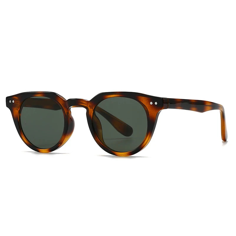 Sunglasses with tortoiseshell frame and dark lenses on a white background