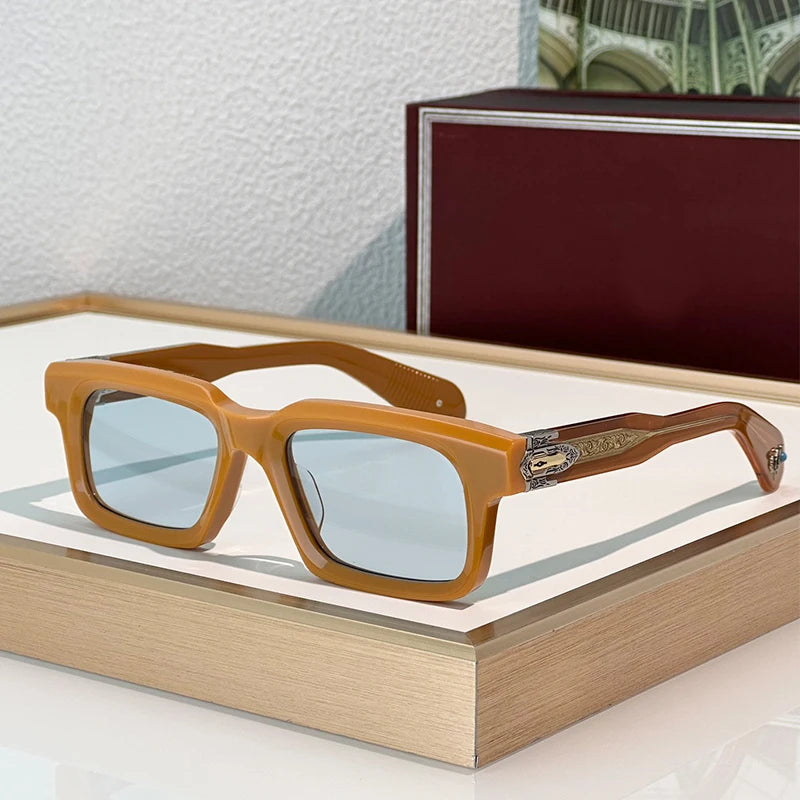 Brown sunglasses with blue lenses on a wooden surface