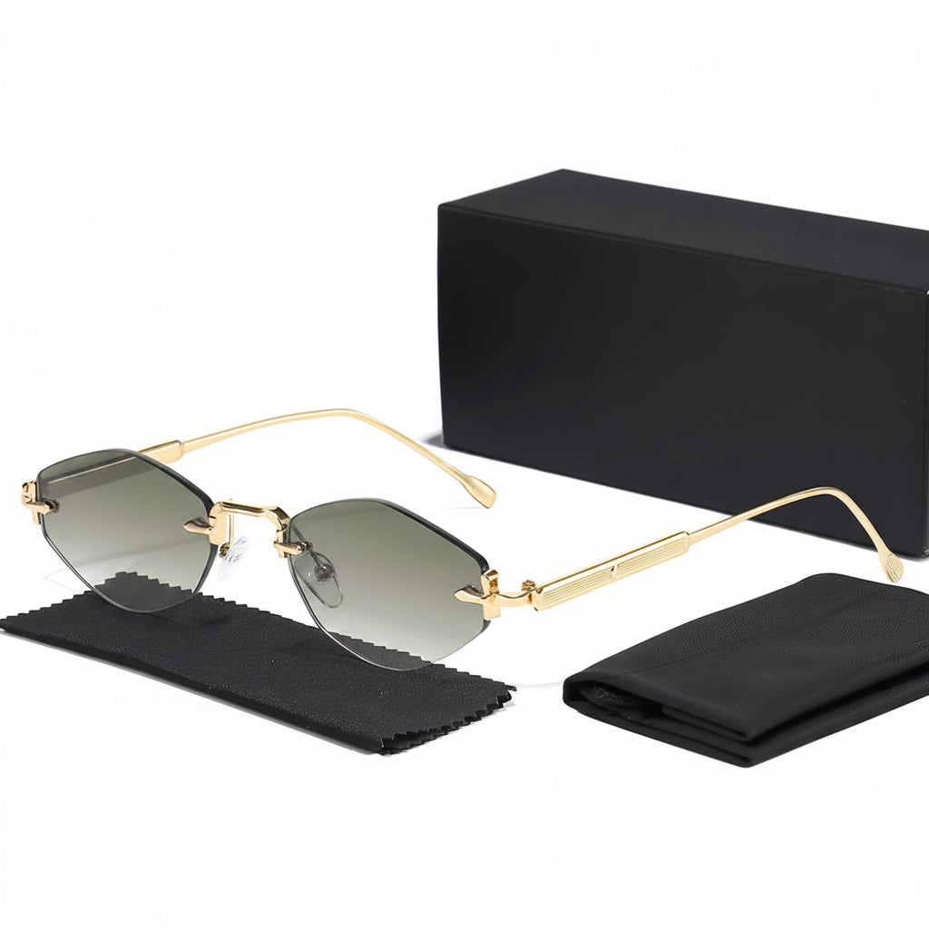 Gold rimless sunglasses with a Caterside branded box and case on a white background