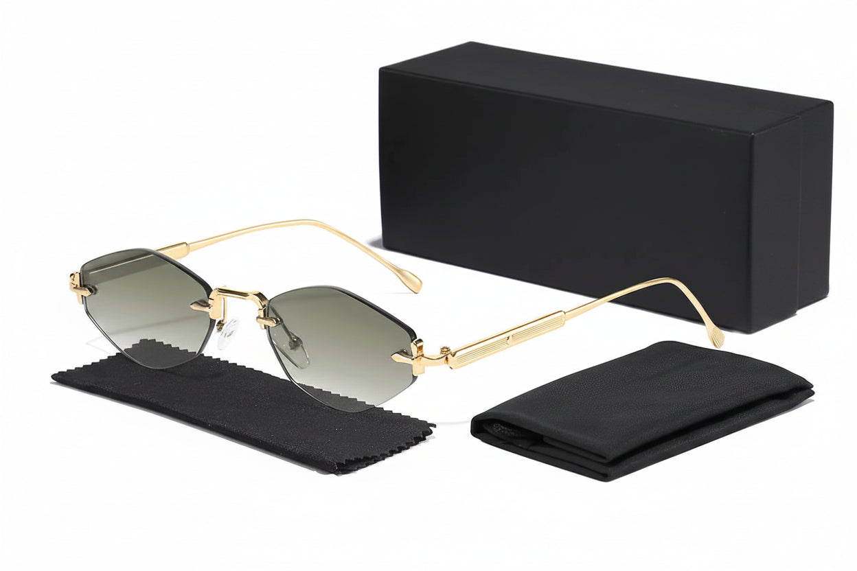 Gold rimless sunglasses with a black case and cleaning cloth, featuring the Caterside brand.