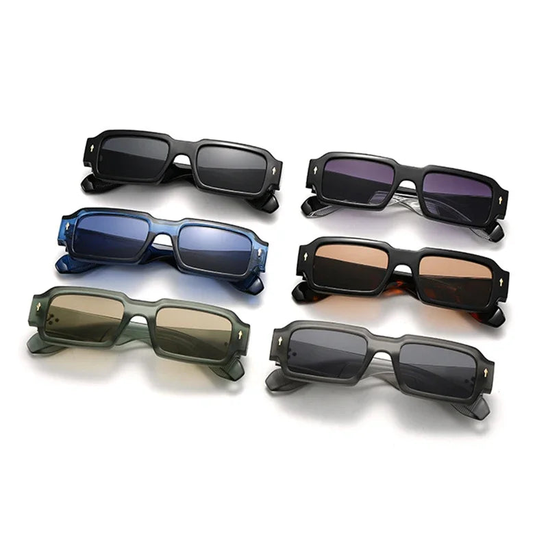 Set of six pairs of sunglasses with different lens colors on a white background
