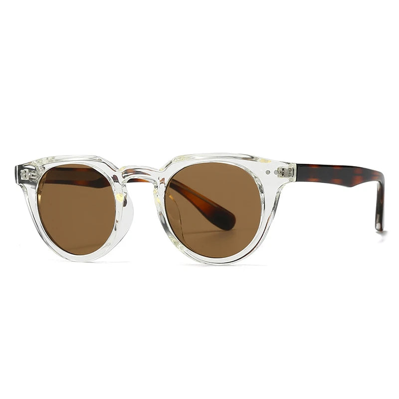 Sunglasses with clear frame and brown lenses on a white background