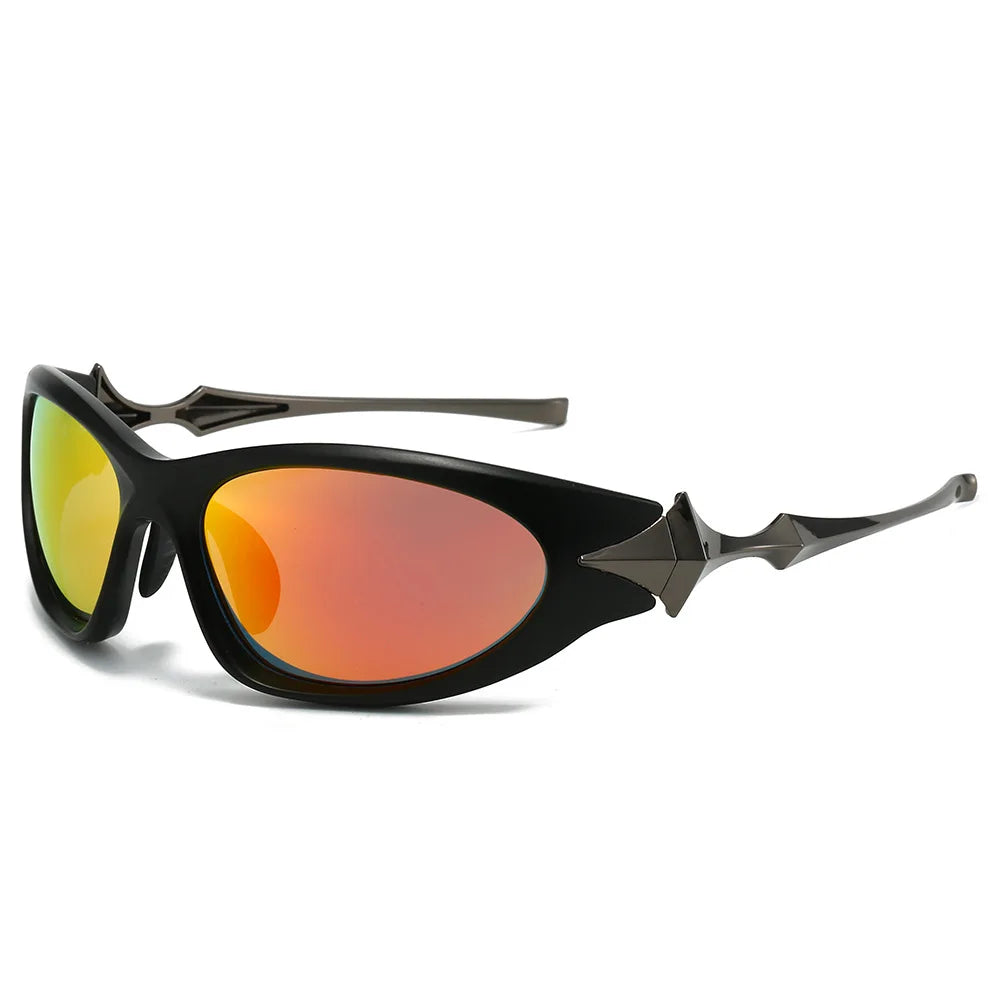 Black sunglasses with orange-tinted lenses on a white background