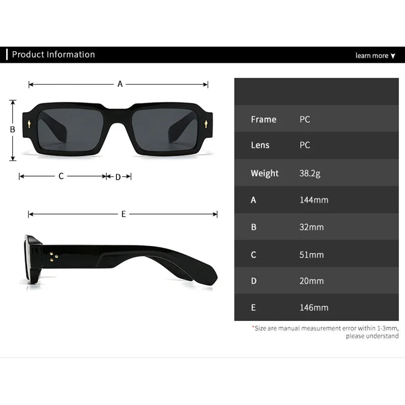 Black sunglasses with measurements and product information displayed on a white background
