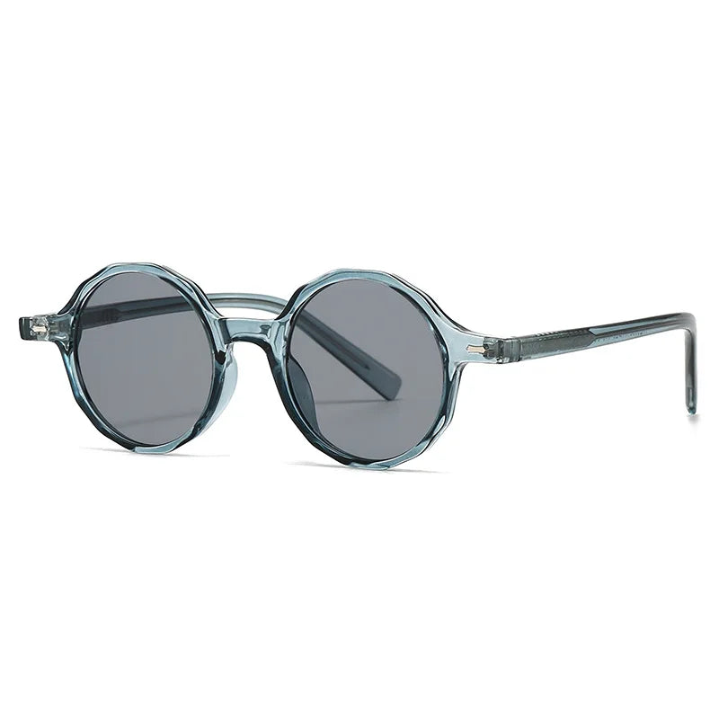 Sunglasses with a silver frame and black arms on a white background