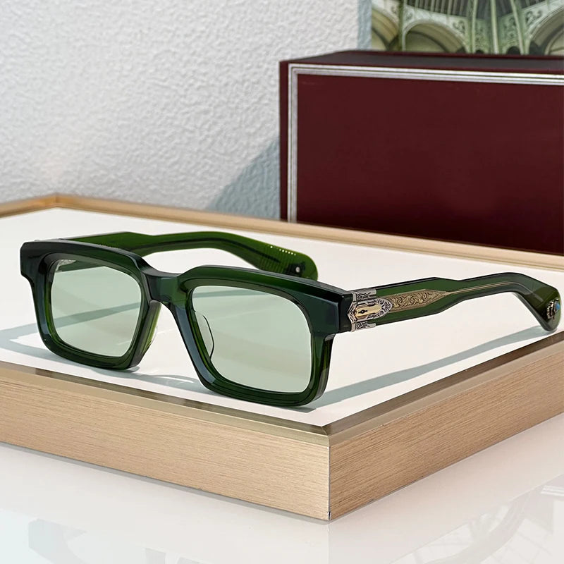 Green sunglasses on a wooden stand with a blurred background