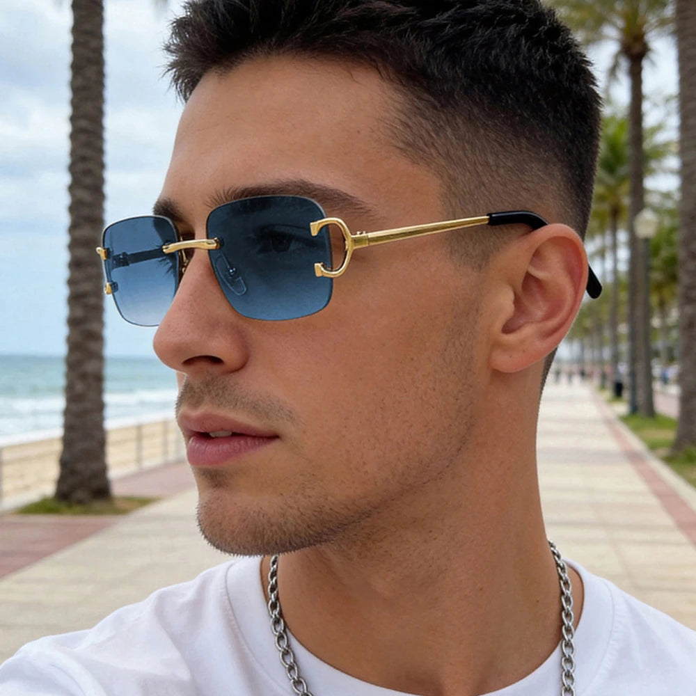 DUNE — Rimless Rectangle UV400 Sunglasses with Gold D-Buckle