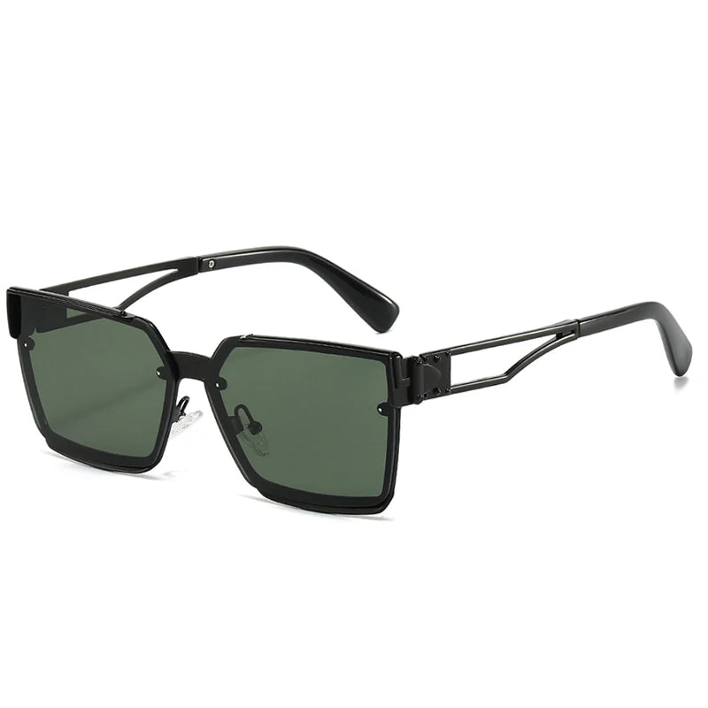 Black sunglasses with green lenses on a white background