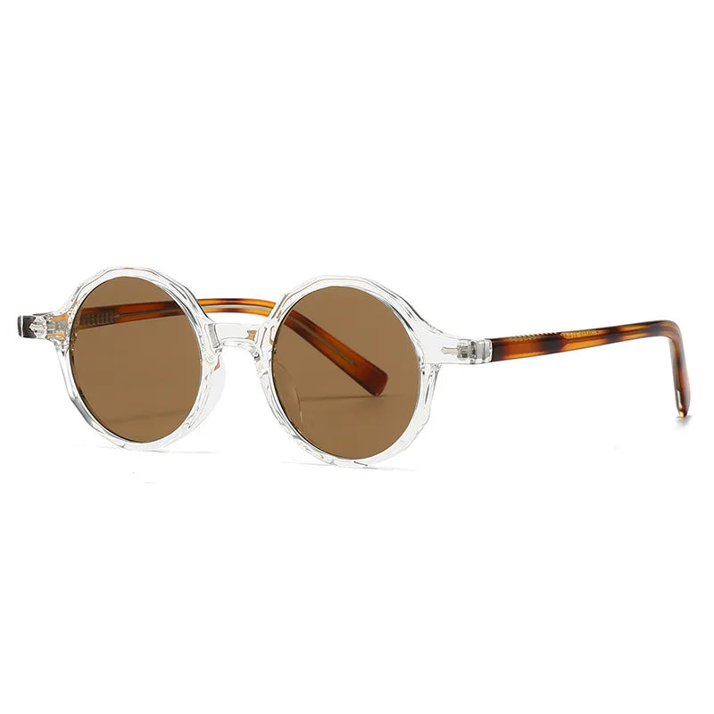 Round sunglasses with clear frame and brown lenses on a white background