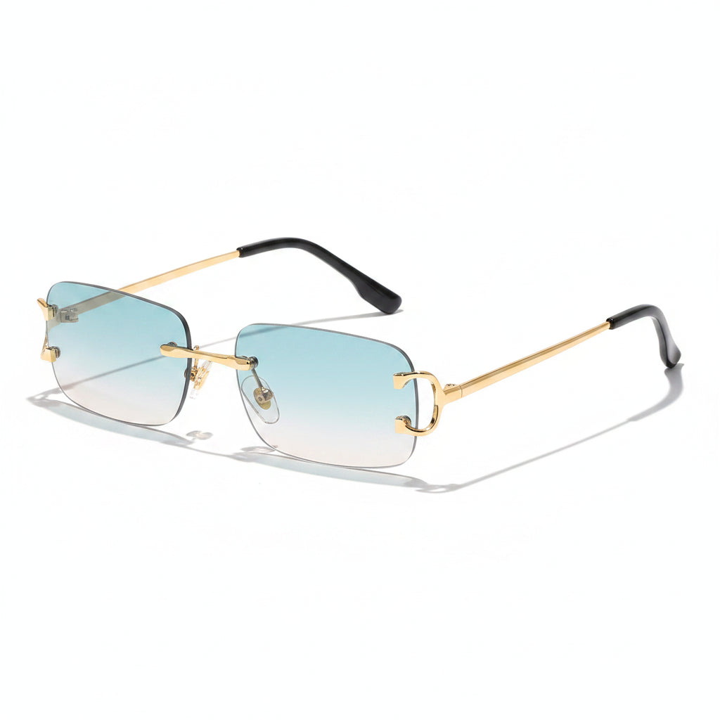 Gold-rimmed eyeglasses on a gray background with 'Caterside' branding.