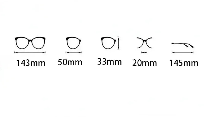 Measurement chart for various lens shapes with corresponding dimensions on a white background