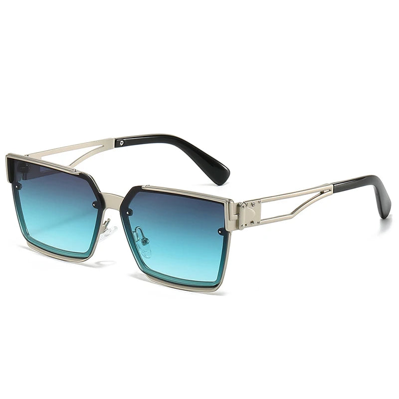 Sunglasses with a silver frame and blue gradient lenses on a white background