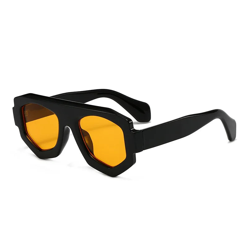 Black sunglasses with yellow lenses on a white background